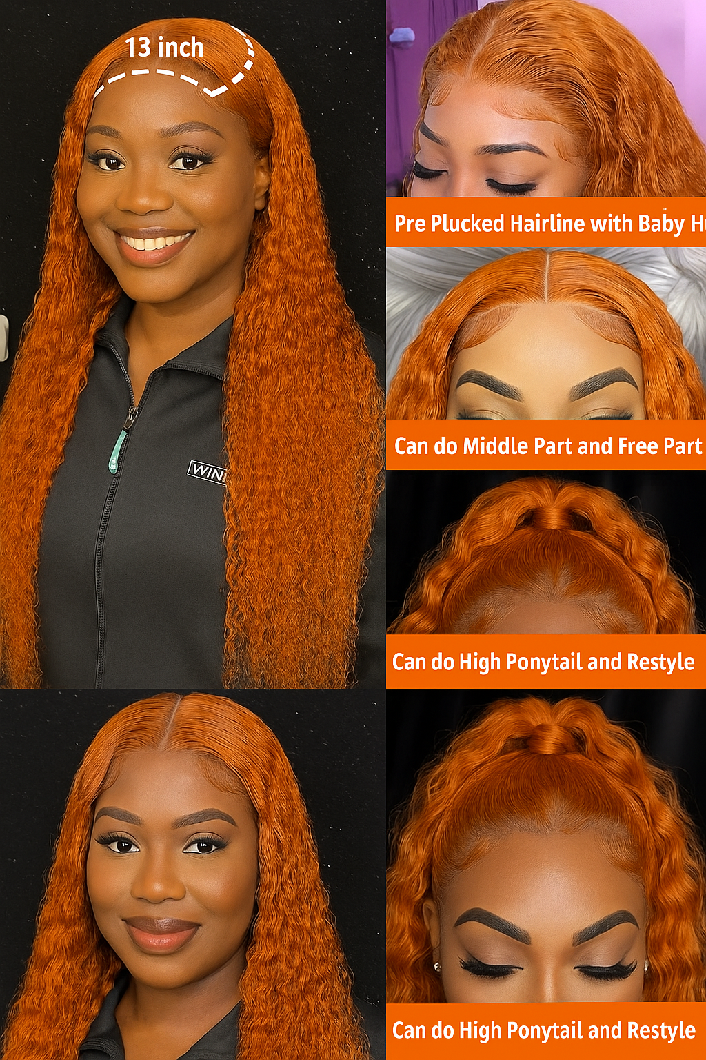 Locks and Lux Orange Ginger Deep Wave Lace Front Wig – 30" HD Human Hair, 13x4/13x6