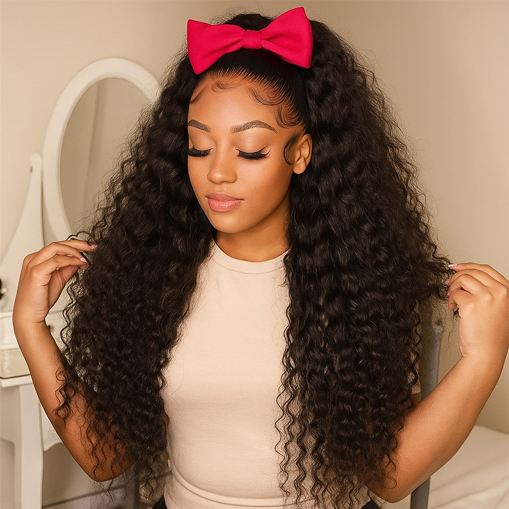High Density Black Curly Lace Front Wig - 40 Inch, 13x6 HD Lace, Deep Water Wave