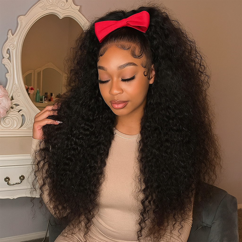 High Density Black Curly Lace Front Wig - 40 Inch, 13x6 HD Lace, Deep Water Wave
