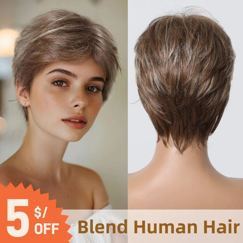 Brown Natural Straight Human Hair Wig, Short Pixie Cut Wig, Machine Made