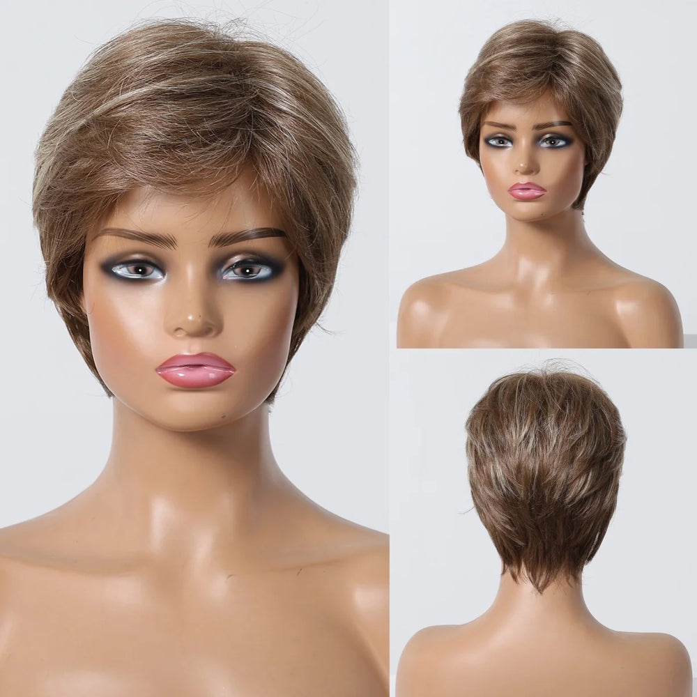 Brown Natural Straight Human Hair Wig, Short Pixie Cut Wig, Machine Made