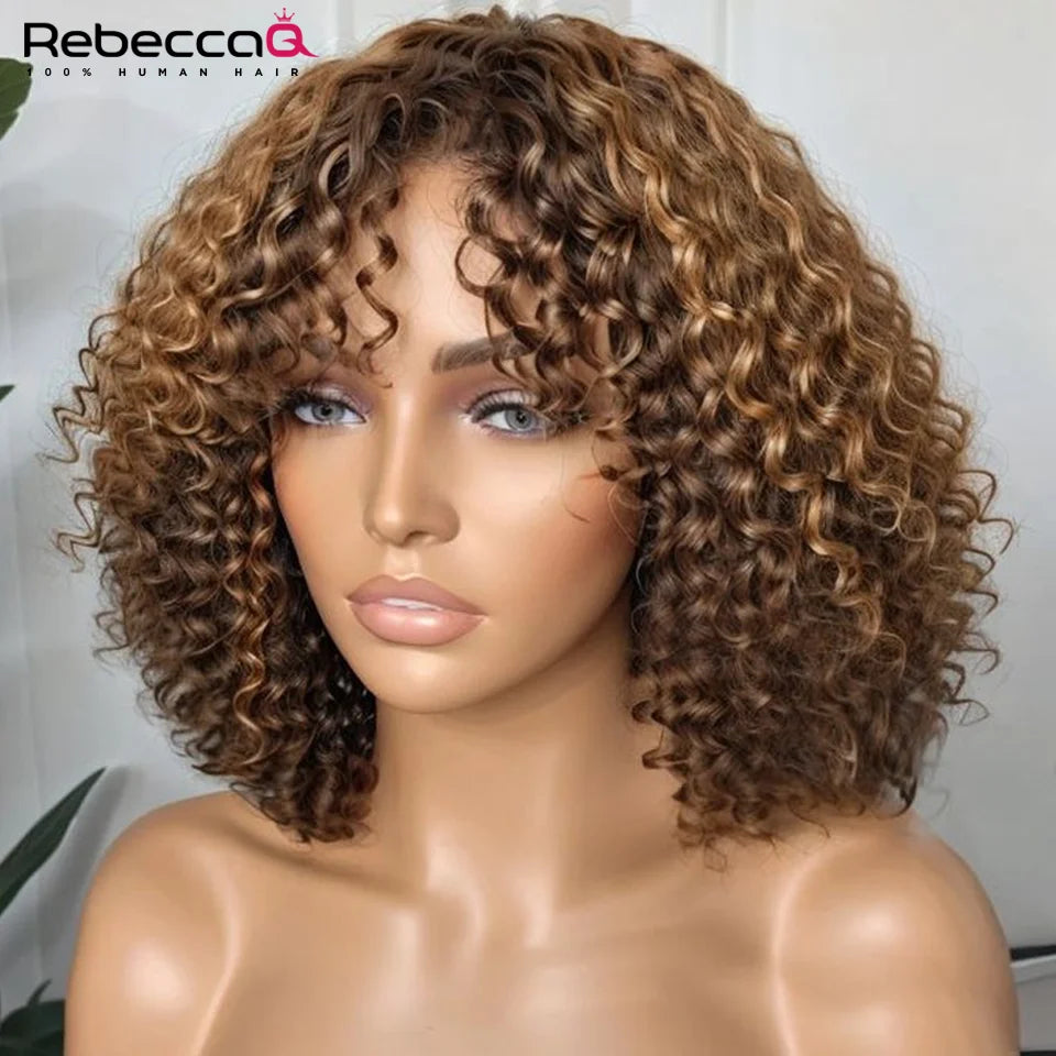 Locks & Lux Short Curly Bob Wig with Bangs - Honey Blonde Highlights, Human Hair