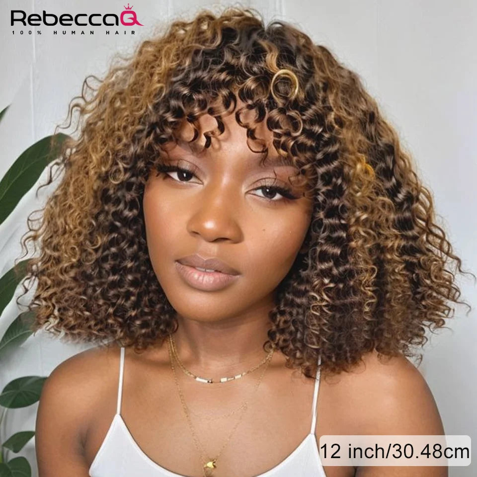 Locks & Lux Short Curly Bob Wig with Bangs - Honey Blonde Highlights, Human Hair