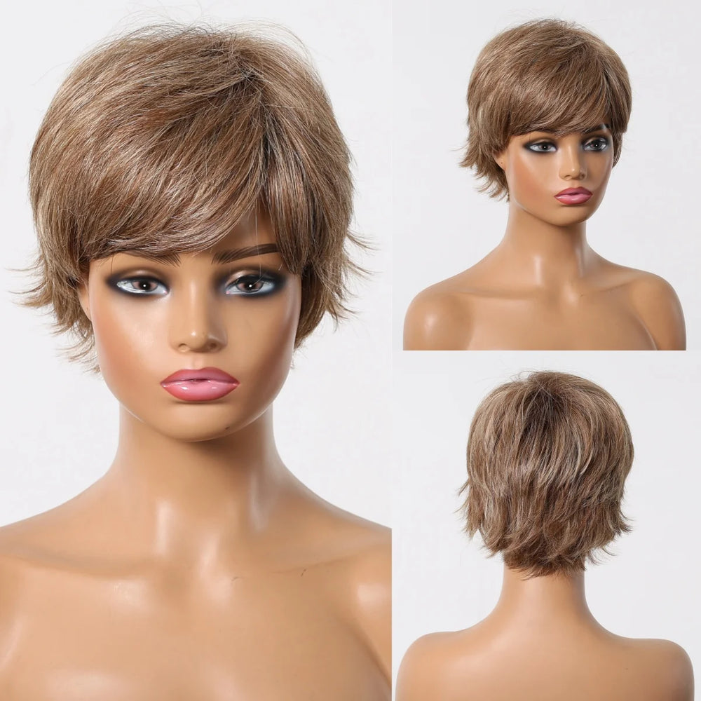 Brown Natural Straight Human Hair Wig, Short Pixie Cut Wig, Machine Made