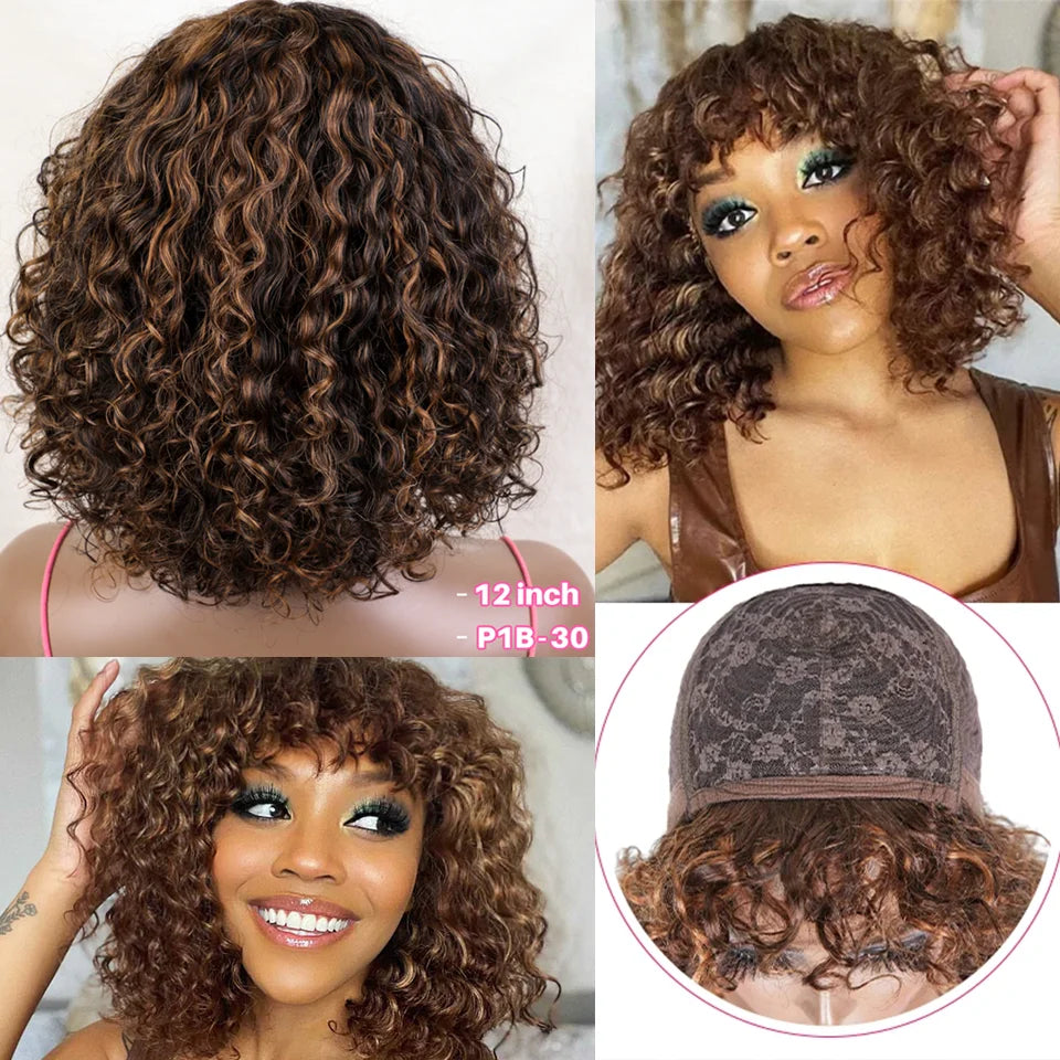 Locks & Lux Short Curly Bob Wig with Bangs - Honey Blonde Highlights, Human Hair