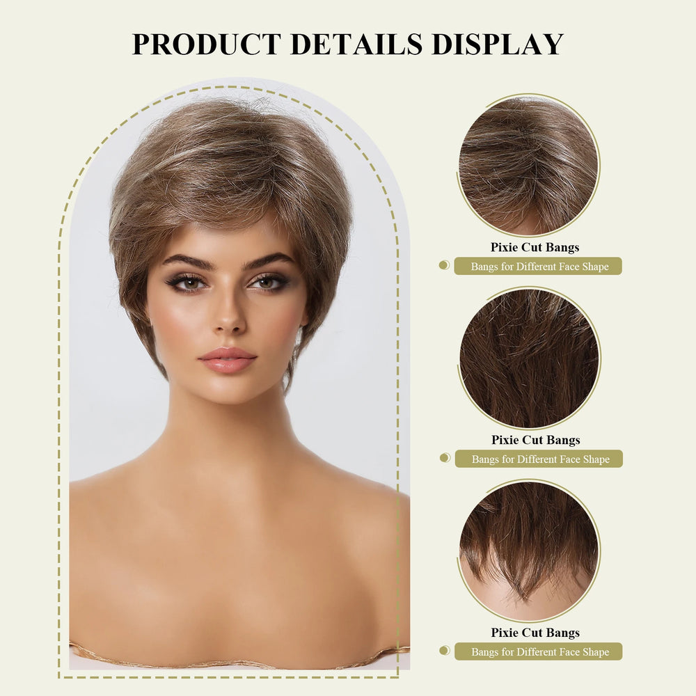 Brown Natural Straight Human Hair Wig, Short Pixie Cut Wig, Machine Made