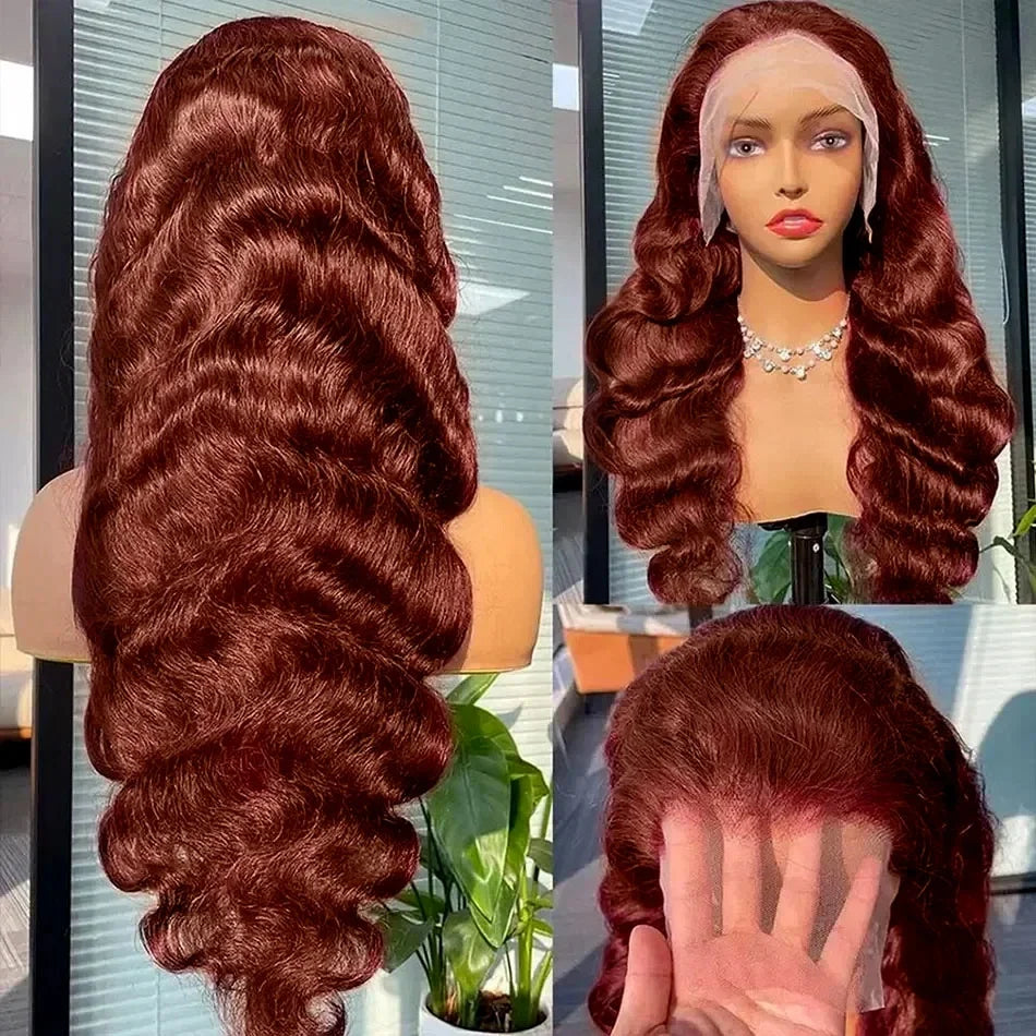 13x4 Reddish Brown Body Wave Lace Frontal Wig - Pre-Plucked, HD Lace