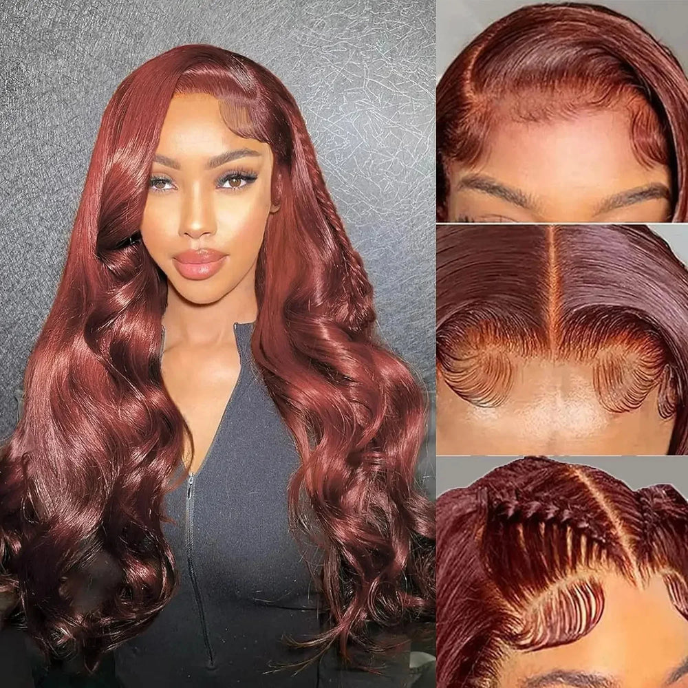 13x4 Reddish Brown Body Wave Lace Frontal Wig - Pre-Plucked, HD Lace