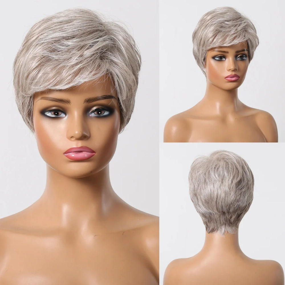 Brown Natural Straight Human Hair Wig, Short Pixie Cut Wig, Machine Made