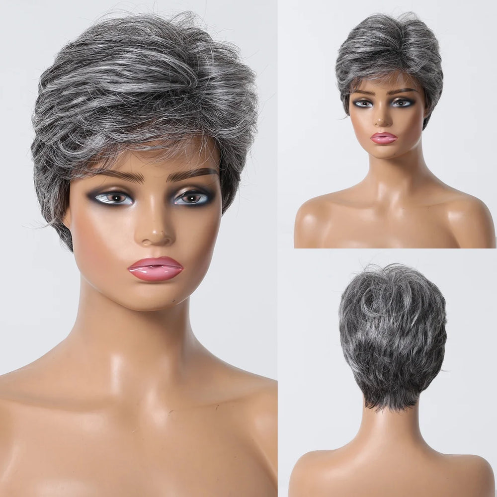 Brown Natural Straight Human Hair Wig, Short Pixie Cut Wig, Machine Made