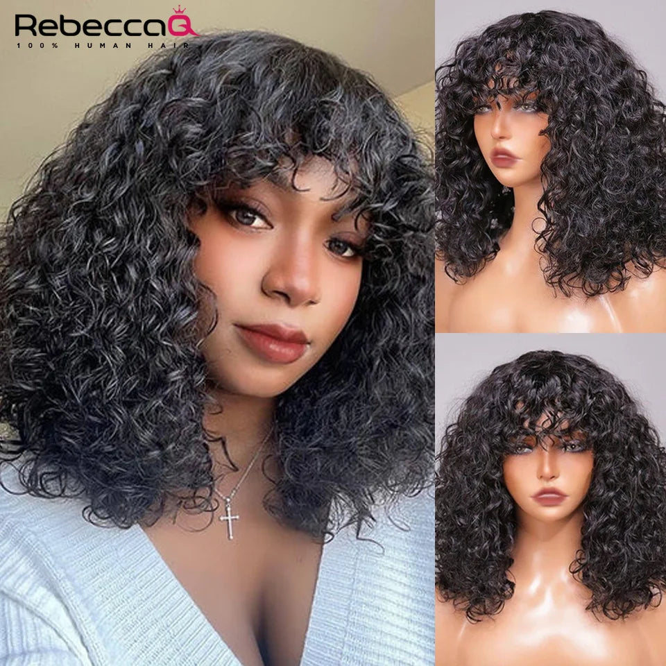 Locks & Lux Short Curly Bob Wig with Bangs - Honey Blonde Highlights, Human Hair